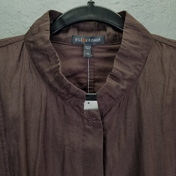 Eileen Fisher Seamed Jacket Medium Silk Blend Crinkle Clove Brown Snap Front NEW - Picture 4 of 16